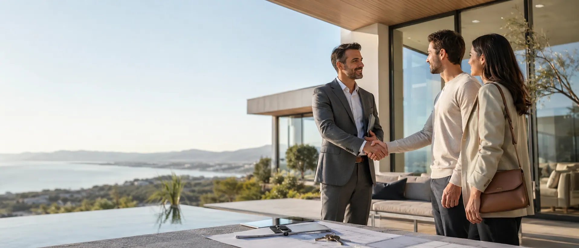 Courtier immobilier accueillant des propriétaires devant une villa avec vue