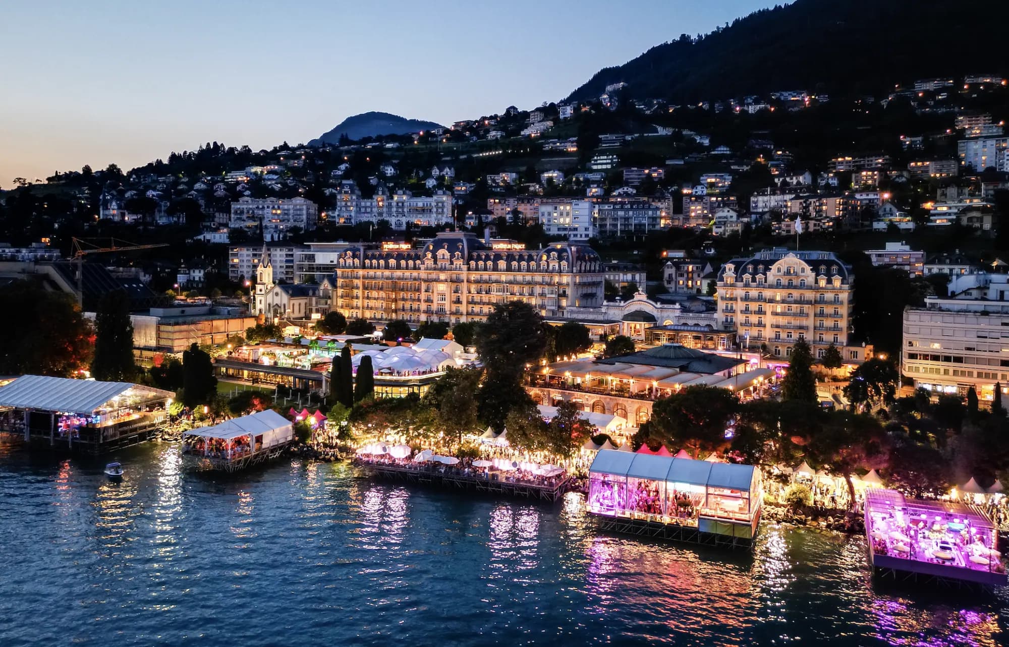 Night view of Montreux, the Palace and the shores of Lake Geneva
