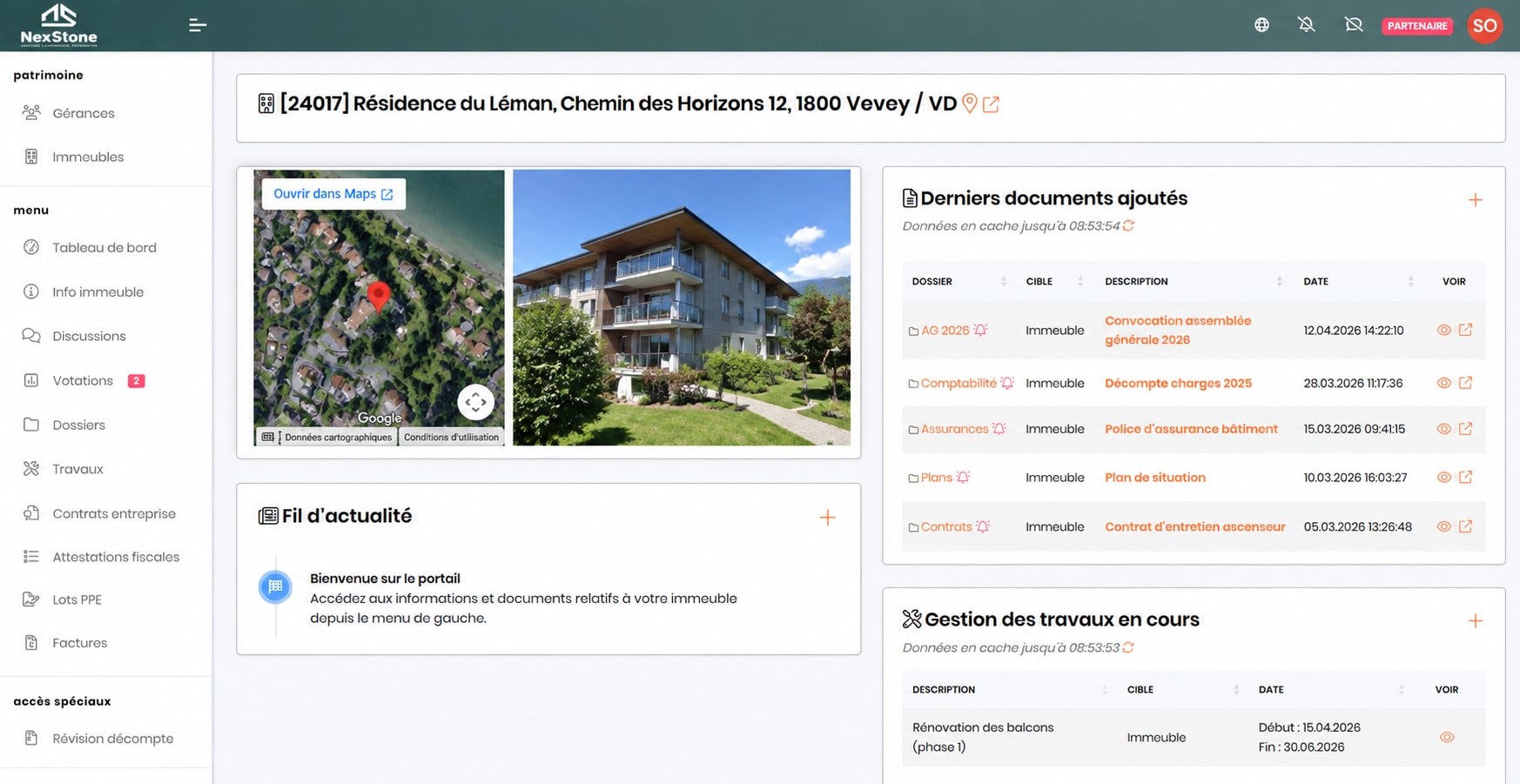 Capture anonymisée du tableau de bord du portail copropriétaires Nexstone.